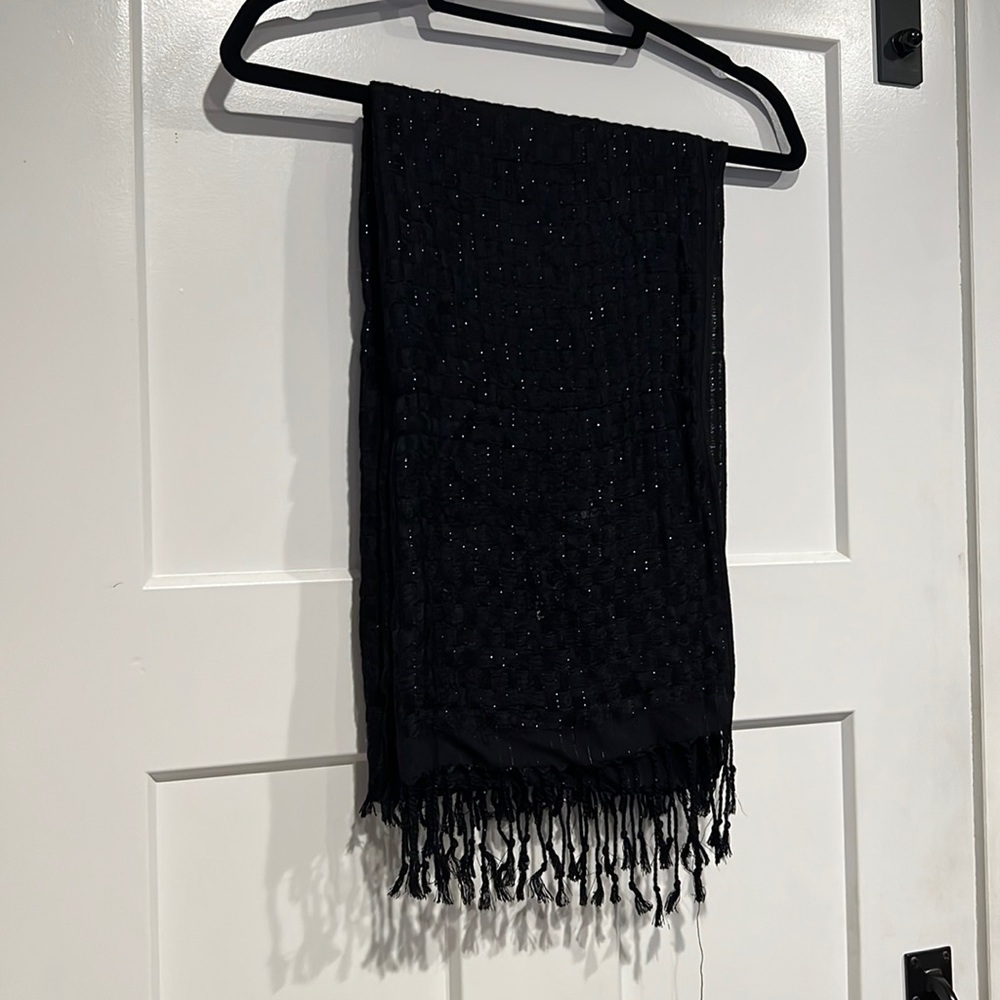 Black with silver sparkle scarf. 72” x 44” not including fringe.